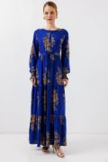 2145 Desenli Tesettür Elbise - Saks resmi